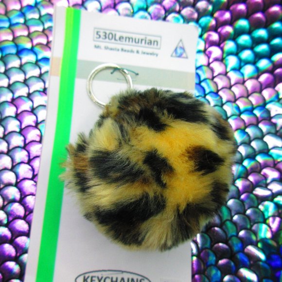 Cheetah Puffball Pom Pom Keychain With Silver Finish Findings - Picture 1 of 4